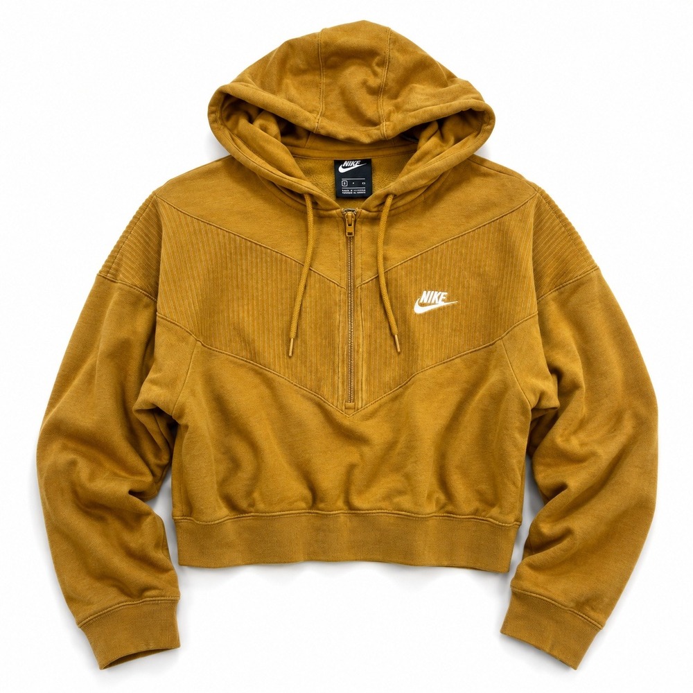 Nike Sportswear Womens Crop Half Zip Hoodie Mustard Gold Ribbed Size S